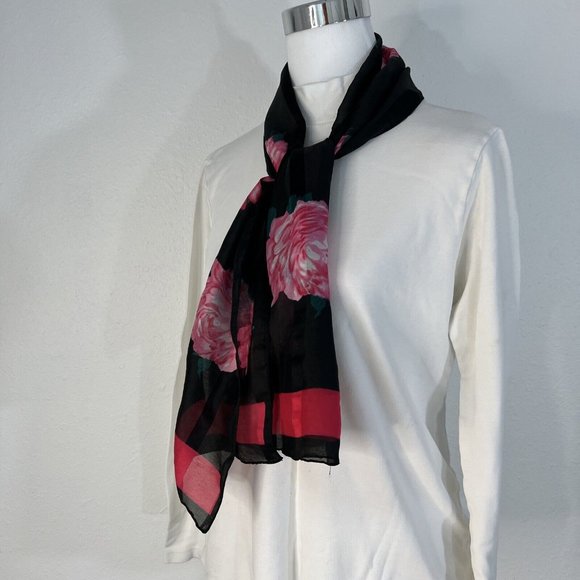 unbranded Accessories - Sheer Scarf Black Pink 50" x 10.5"  Floral Roses